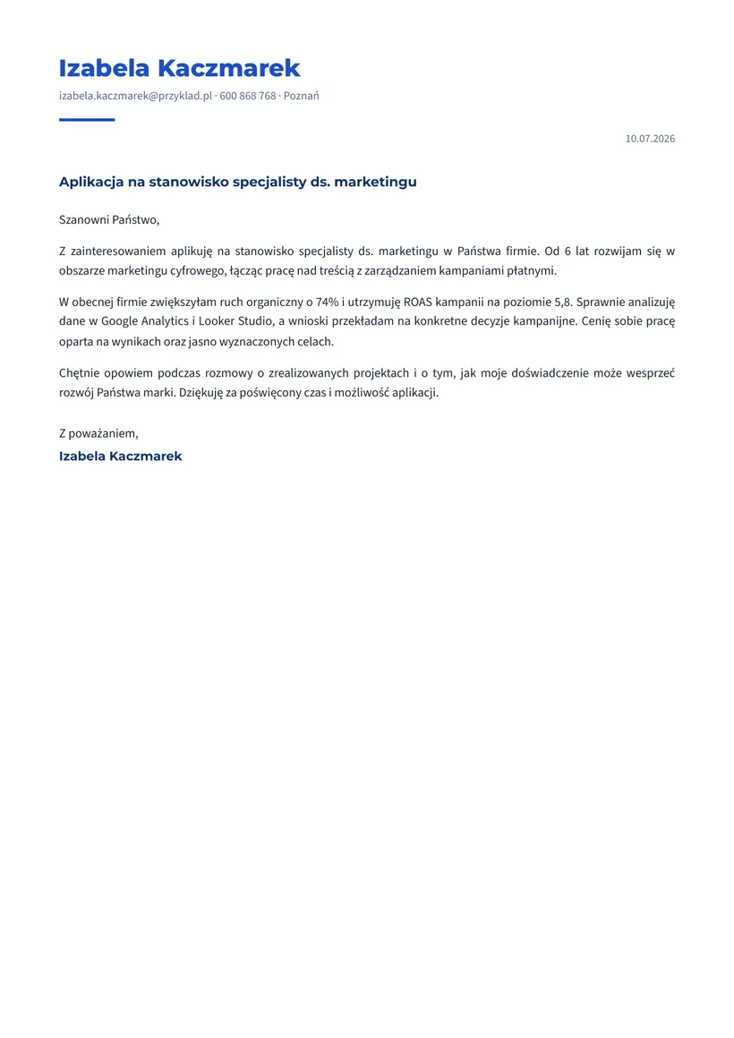 Wzór listu motywacyjnego — Specjalista ds. marketingu