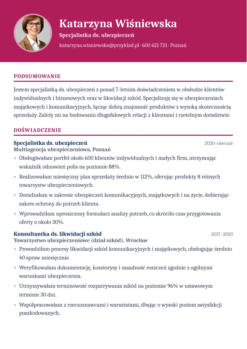 Wzór CV — Specjalista ds. ubezpieczeń — strona 1