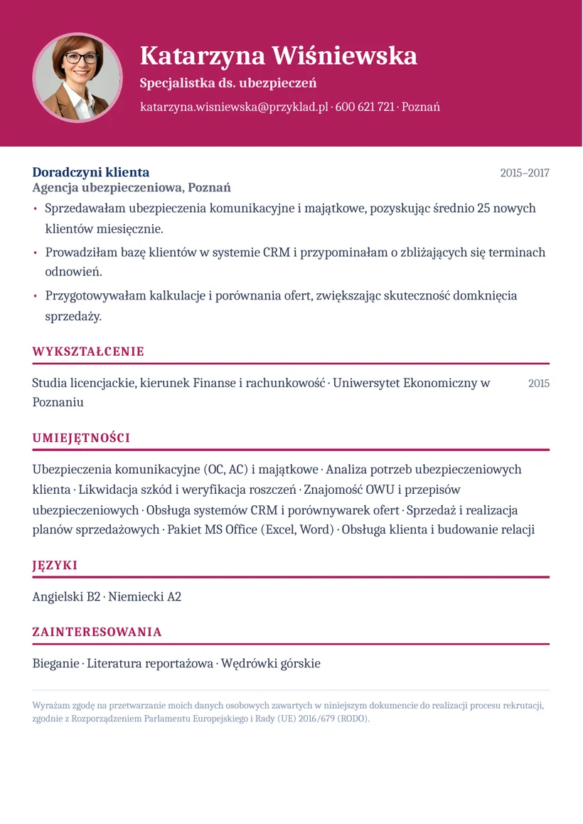 Wzór CV — Specjalista ds. ubezpieczeń — strona 2