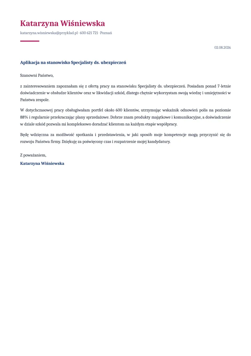 Wzór listu motywacyjnego — Specjalista ds. ubezpieczeń