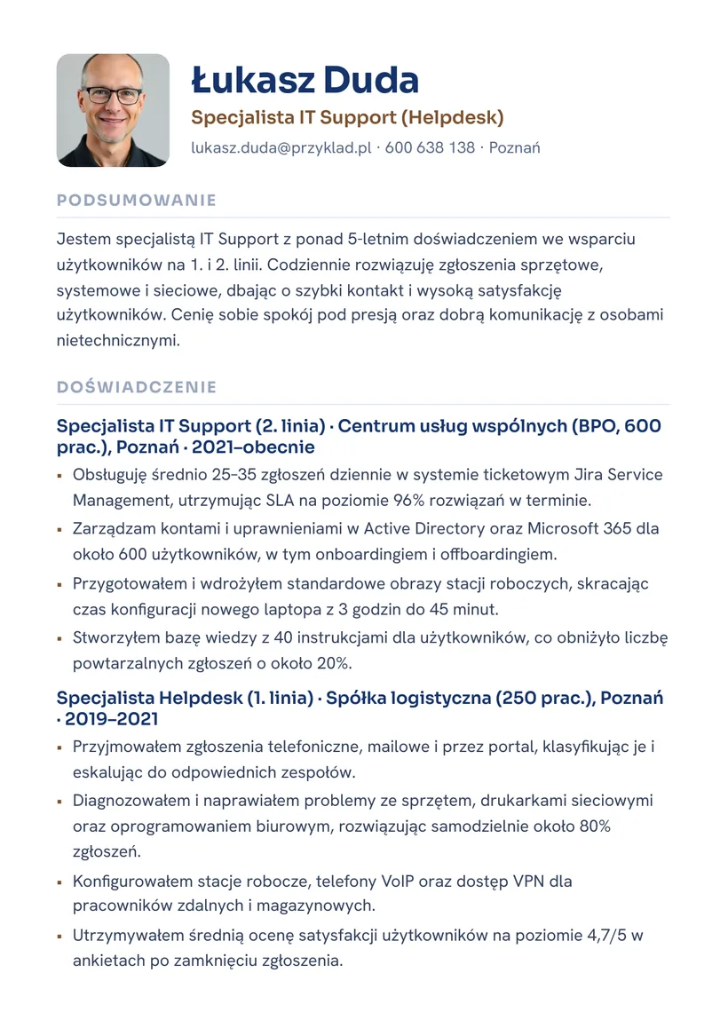 Wzór CV — Specjalista IT Support (helpdesk) — strona 1