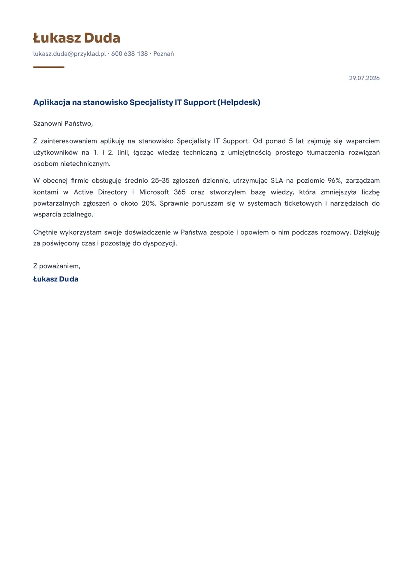 Wzór listu motywacyjnego — Specjalista IT Support (helpdesk)
