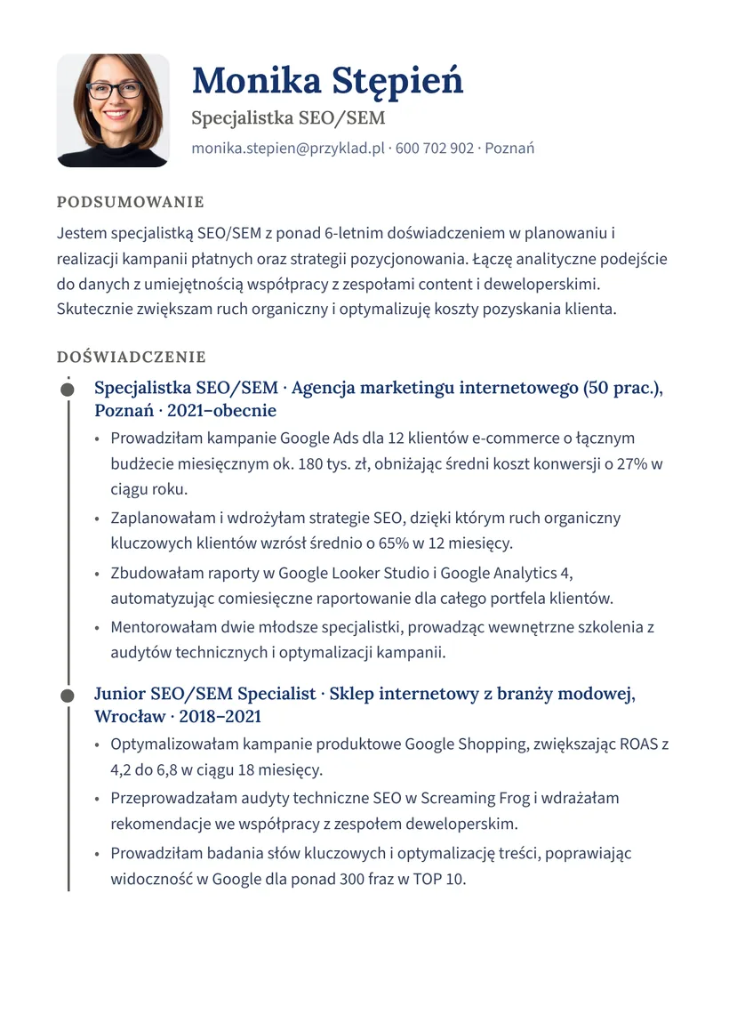 Wzór CV — Specjalista SEO/SEM — strona 1