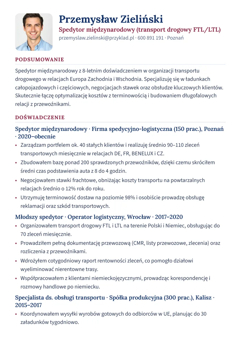 Wzór CV — Spedytor międzynarodowy — strona 1