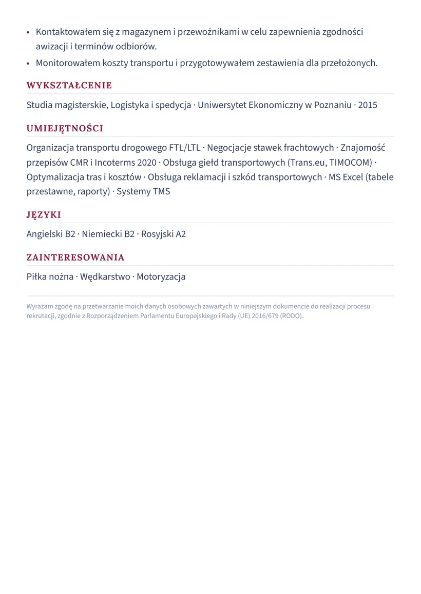 Wzór CV — Spedytor międzynarodowy — strona 2