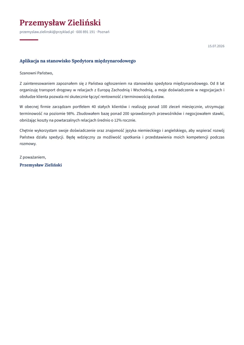 Wzór listu motywacyjnego — Spedytor międzynarodowy
