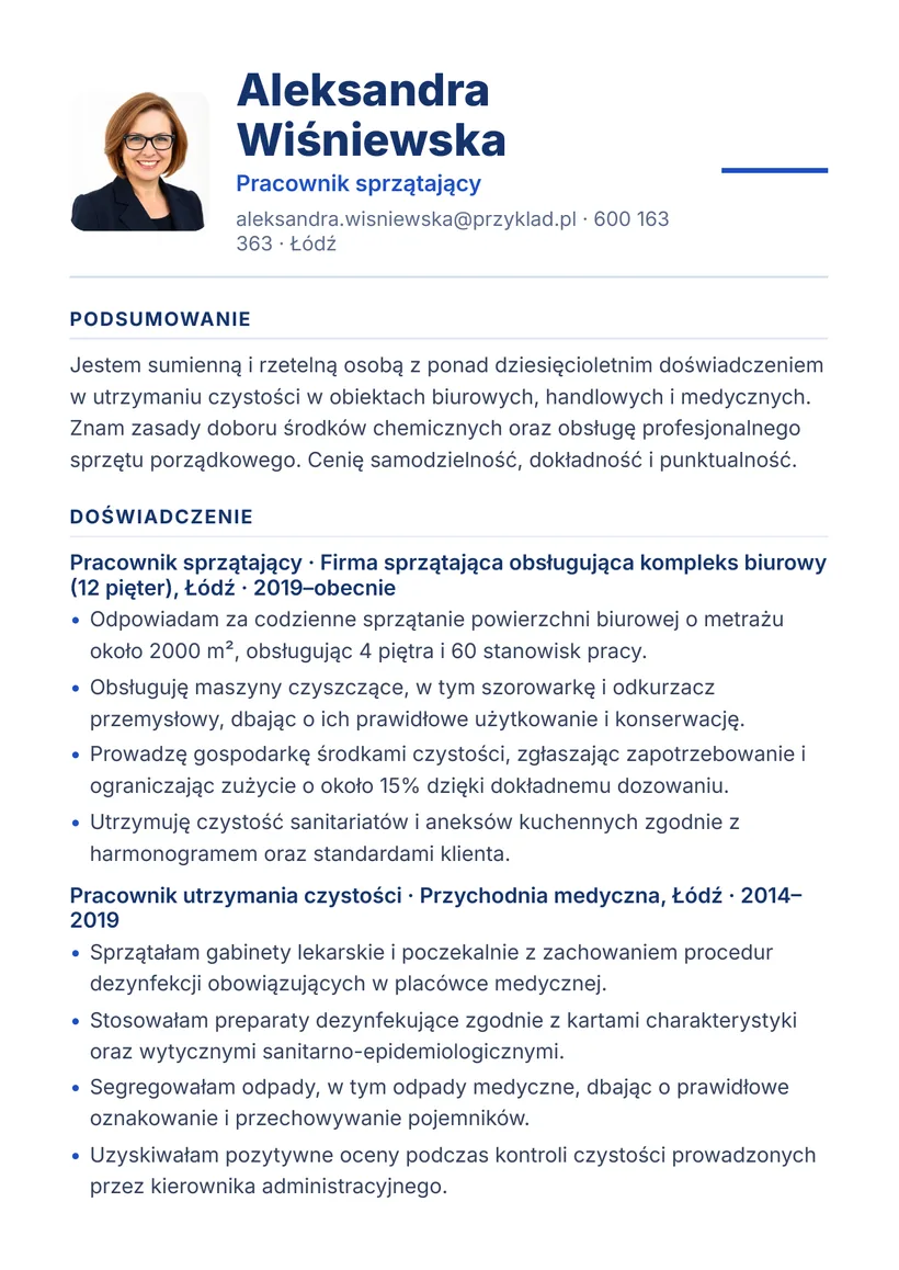 Wzór CV — Pracownik sprzątający — strona 1