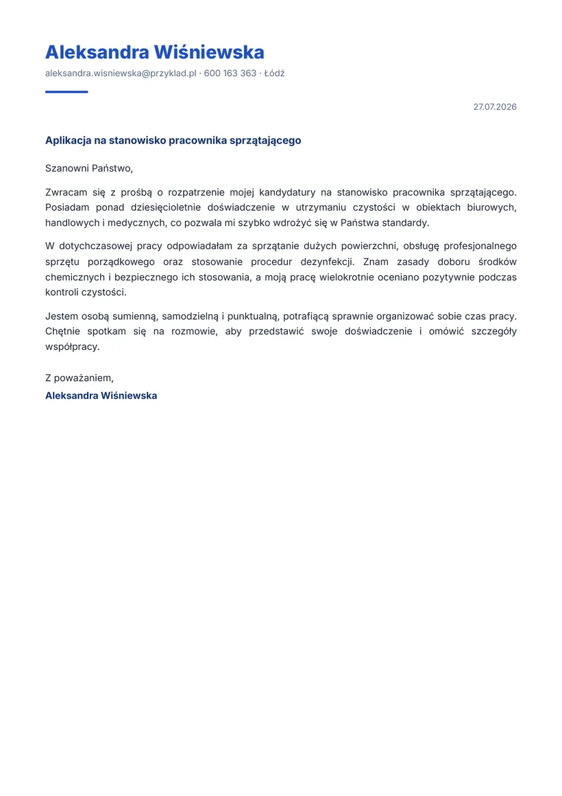 Wzór listu motywacyjnego — Pracownik sprzątający