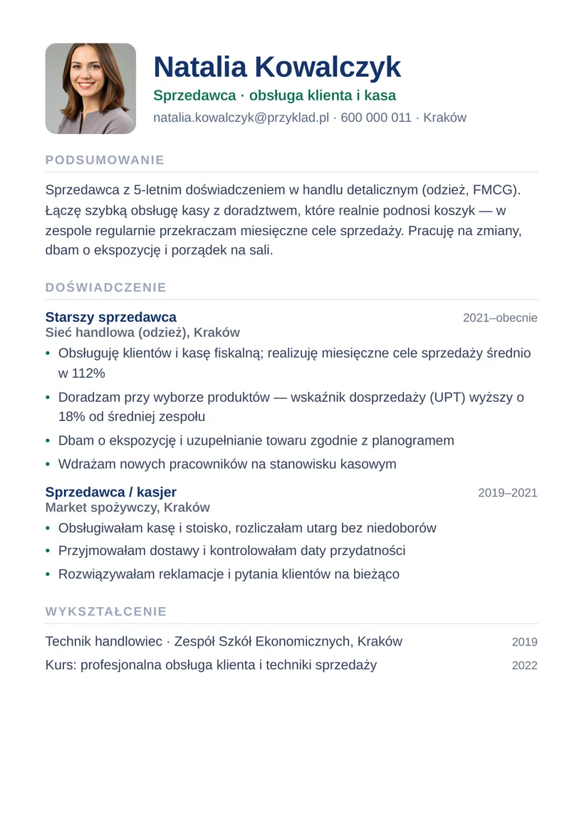 Wzór CV — Sprzedawca / kasjer — strona 1