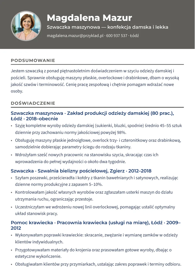 Wzór CV — Szwaczka — strona 1