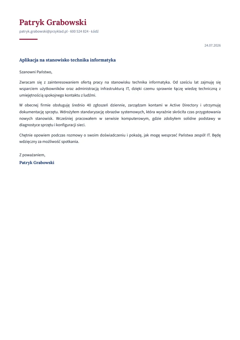 Wzór listu motywacyjnego — Technik informatyk