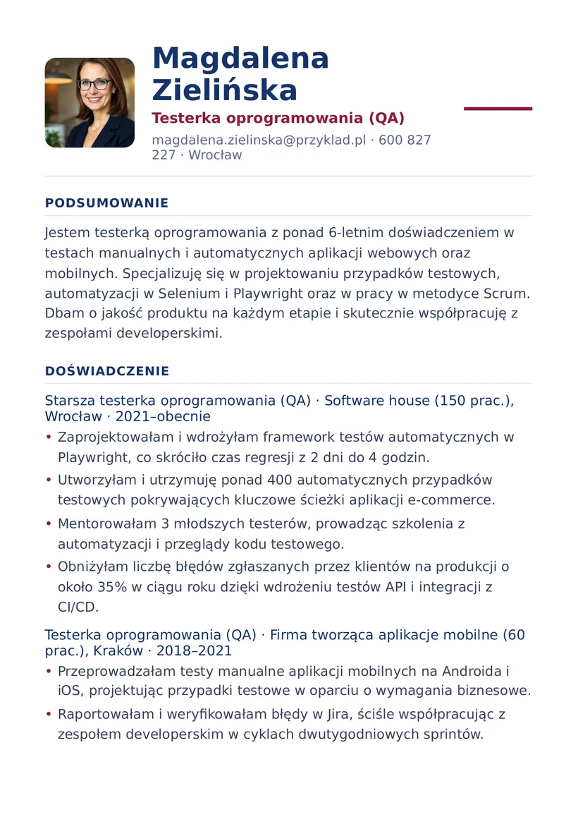 Wzór CV — Tester oprogramowania (QA) — strona 1