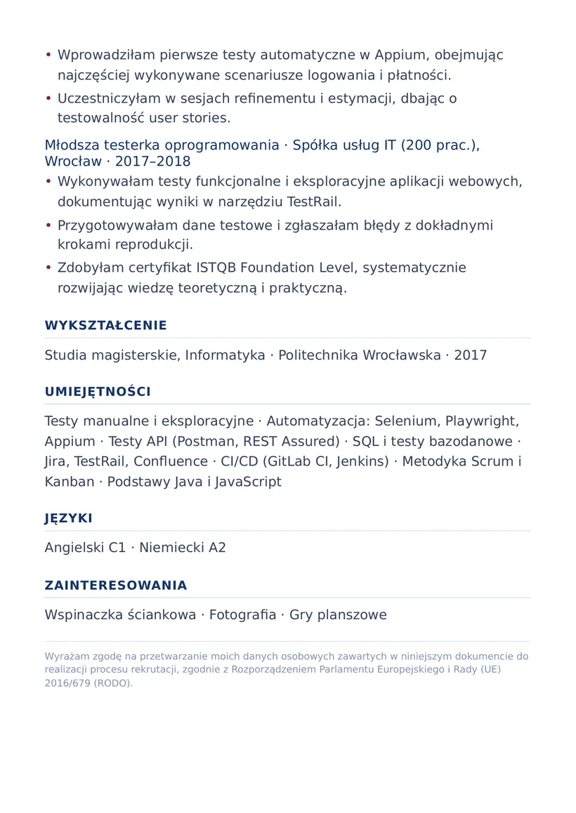 Wzór CV — Tester oprogramowania (QA) — strona 2