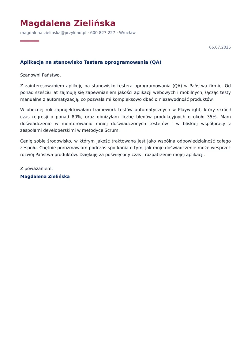 Wzór listu motywacyjnego — Tester oprogramowania (QA)