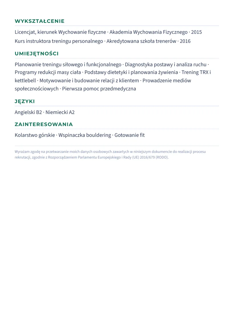 Wzór CV — Trener personalny — strona 2