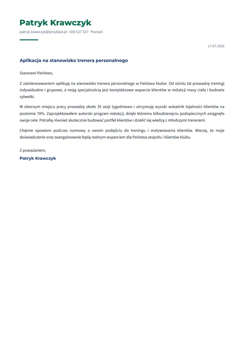 Wzór listu motywacyjnego — Trener personalny