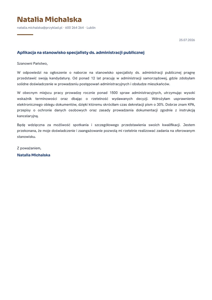 Wzór listu motywacyjnego — Urzędnik administracji publicznej